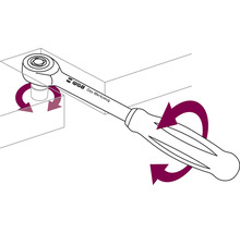 Illustration av en spärrnyckel i drift med roterande rörelse