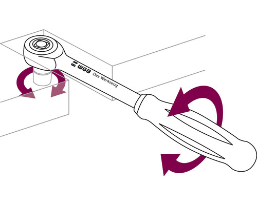 Illustration av en spärrnyckel i drift med roterande rörelse