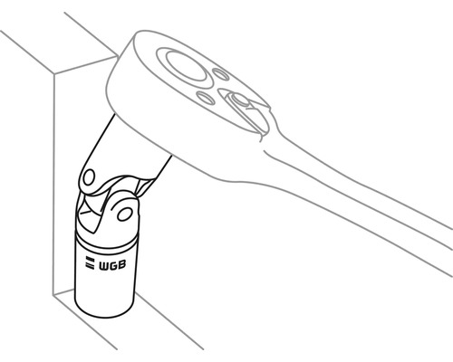 Illustration av en spärrnyckel med en led mellan hylsan och handtaget