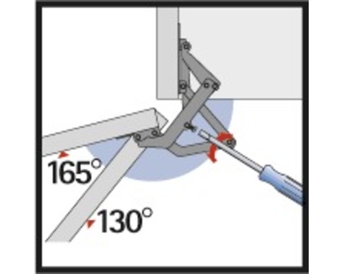 Illustration av ett klaffbeslag med skruvmejsel för justering av öppningsvinkeln