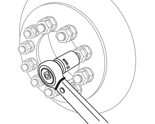 Illustration av en spärrnyckel som drar åt en hjulmutter.