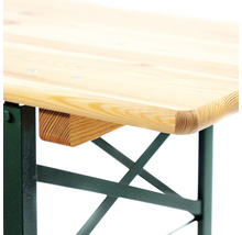 Detaljvy av ett bord för ölträdgård med träskiva och metallram
