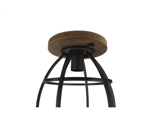 Taklampa med träelement och metallbur