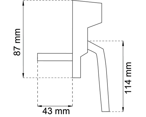 Teknisk ritning av en komponent med mått: 87 mm höjd, 43 mm bredd och 114 mm djup
