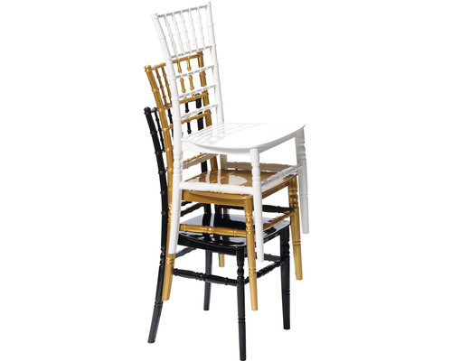 Stapel med tre Chiavari-stolar i svart, guld och vitt
