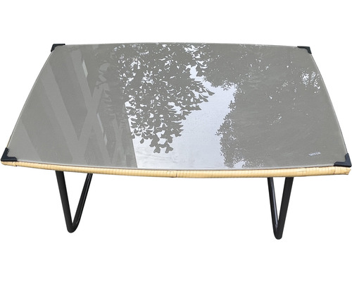 Soffbord med glasskiva, rottingram och metallben