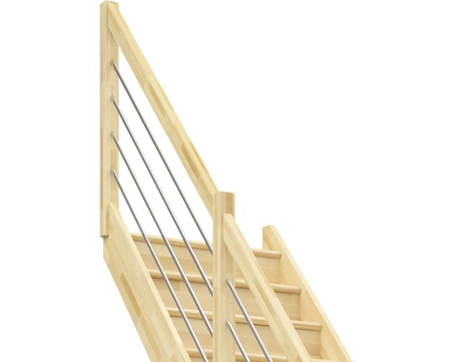 Trätrappa med räcke och metallstänger