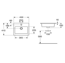 Teknisk ritning av ett tvättställ med mått
