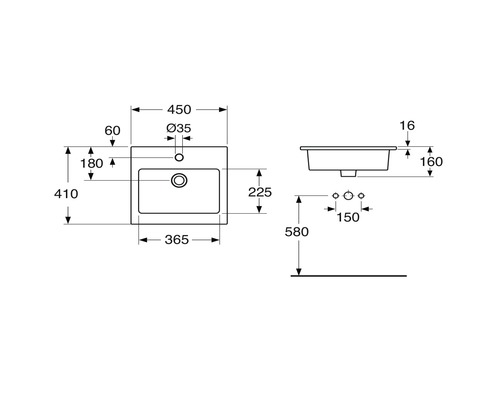 Teknisk ritning av ett tvättställ med mått