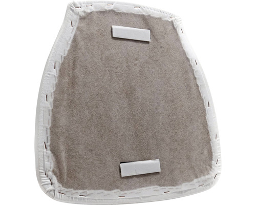 Baksida av en stolsits med tygklädsel och fästflikar