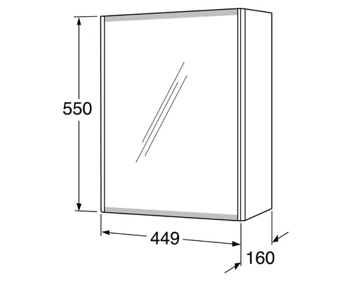 Teknisk ritning av ett spegelskåp med mått.