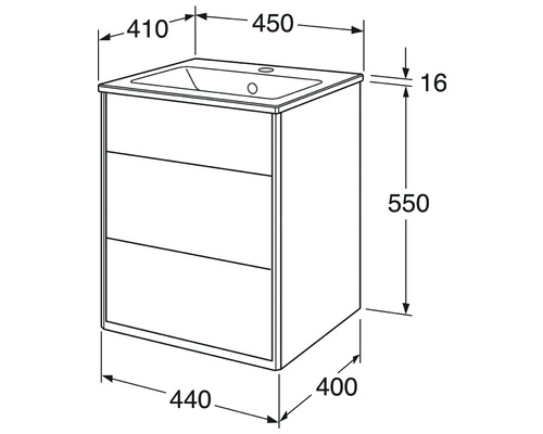 Teknisk ritning av ett underskåp för tvättställ med mått