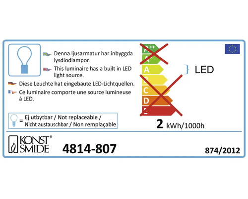 Energietikett med LED-beteckning och tillverkaren Konstsmide logotyp