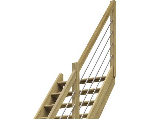 Trätrappa med räcke och metallstänger