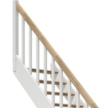Trappa med vit räcke och handledare i trä