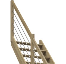 Trätrappa med räcke och vajrar av rostfritt stål