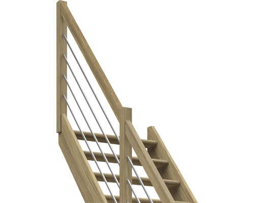 Trätrappa med räcke och vajrar av rostfritt stål