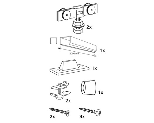 Skjutdörrsbeslag set med skena och tillbehör