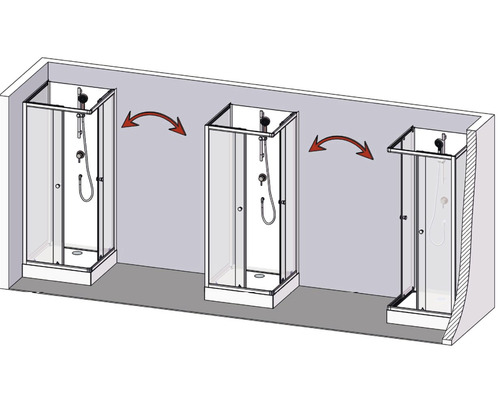 Tre duschkabiner med svängdörr och duschblandare