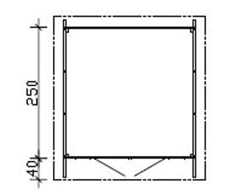 Måttskiss av ett trädgårdshus med en höjd på 250 cm