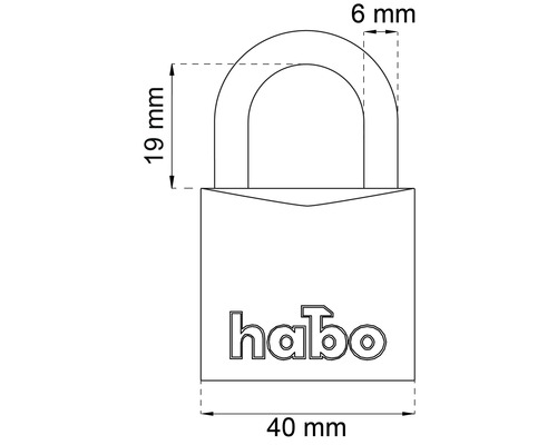 Teknisk ritning av ett hänglås med mått och Habo-logotyp