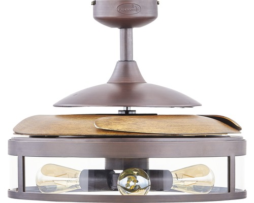 Takfläkt med träblad och lampor