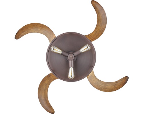 Taklampa med tre glödlampor och fyra böjda träelement