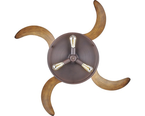 Takfläkt med tre lampor och böjda träblad