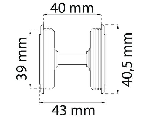 Teknisk ritning av ett anslutningsstycke med måtten: 40 mm, 39 mm, 43 mm och 40,5 mm.