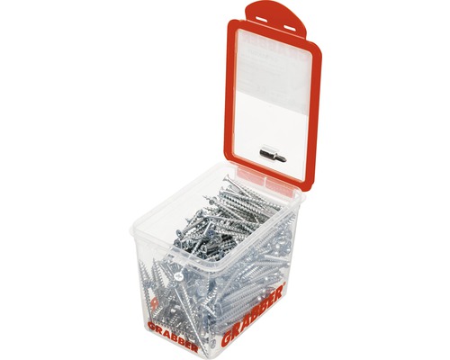 Skruvar i transparent förvaringslåda med rött lock