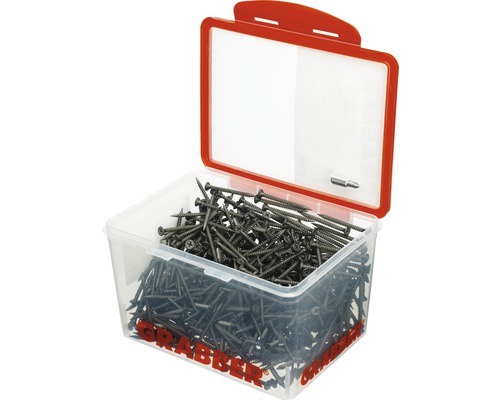 Låda med skruvar av märket Grabber