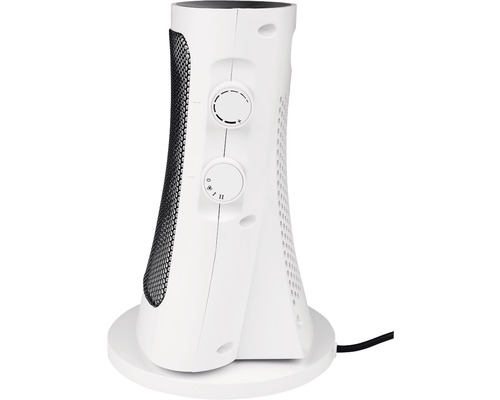 Vit fläktvärmare med rund bas och temperaturkontroll