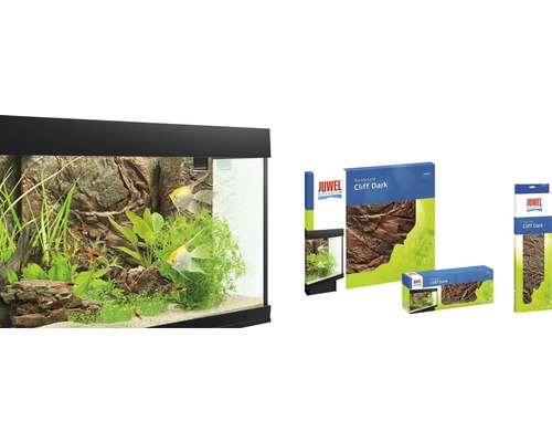 Akvarium med stenvägg Cliff Dark och produktens förpackningar