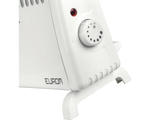 Närbild av en elektrisk värmefläkt med temperaturregulator och Eurom-logotyp