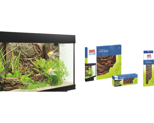 Akvarium med Juwel Cliff Dark bakgrund och produktförpackning.