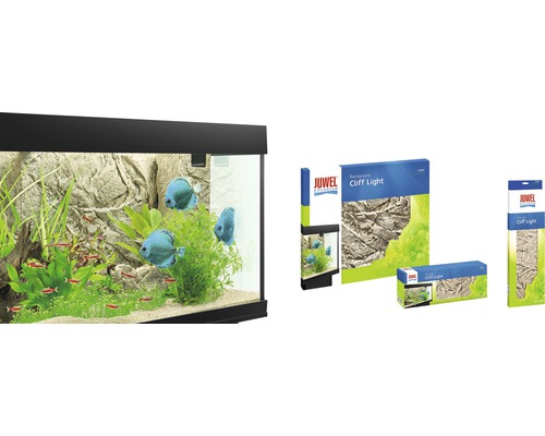 Akvarium med fiskar, växter och Juwel Cliff Light-bakgrund samt produktförpackningar