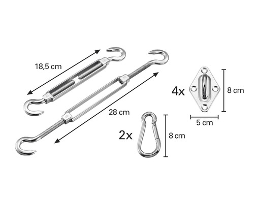 Spännskruv med krokar, karbinhakar och fästöglor