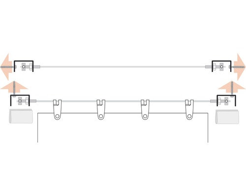 Schematisk bild av ett vajerspänningssystem för gardinfäste
