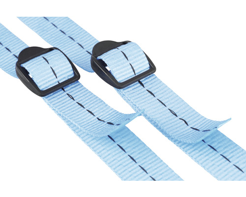 Två ljusblå bagageremmar med svarta spännen