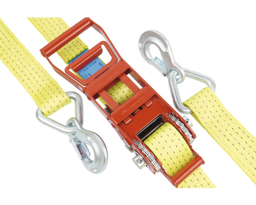 Gult spännband med spärr och krokar för lastsäkring