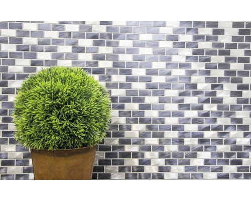 Dekorativ krukväxt framför mosaikvägg