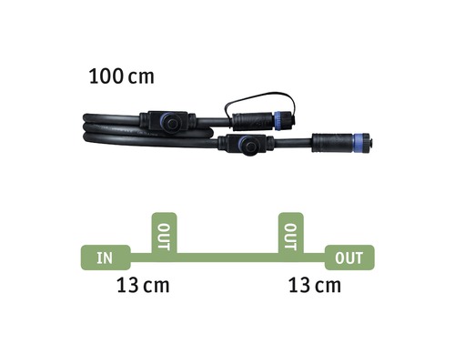 100 centimeter lång kabel med kontakter och schematisk representation av ingångar och utgångar