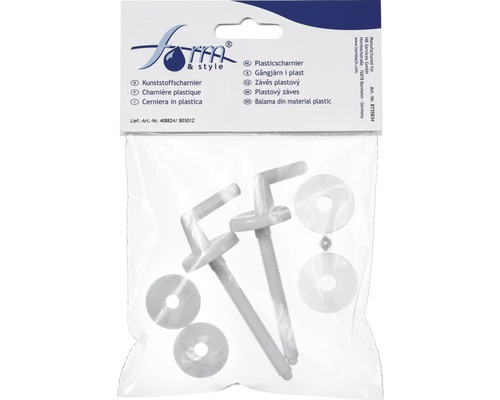 Förpackning med plastgångjärn och brickor