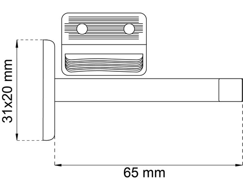 Teknisk ritning av en handdukshållare med måtten 31 x 20 millimeter och 65 millimeter