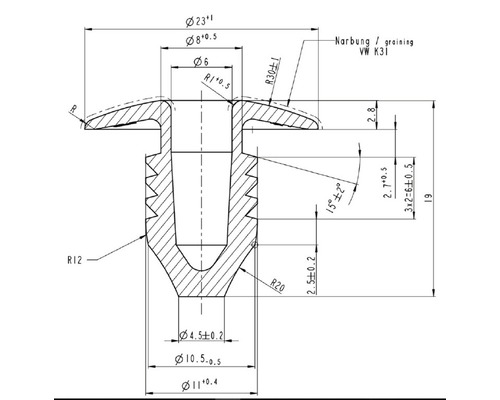Teknisk ritning av ett fästelement med detaljerade mått