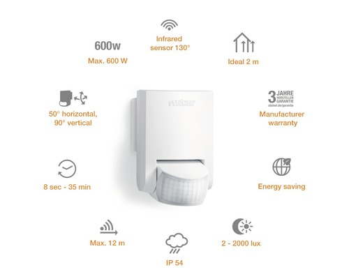 Rörelsevakt STEINEL IS 130-2 130° infraröd rörelsesensor 12m räckvidd IP54 vit