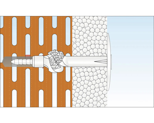 Illustration av en pluggfästning i en perforerad fasad med värmeisolering