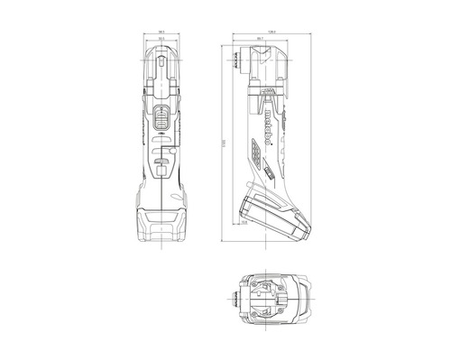 Teknisk ritning av en Metabo batteridriven vinkelskruvdragare med måttangivelser