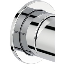 Detaljvy av ett runt vattenkranhandtag i metall