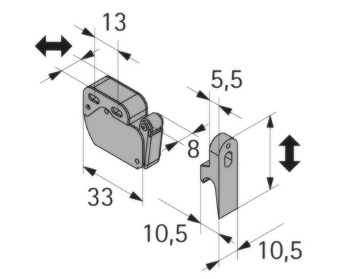 Teknisk ritning av ett möbellås med mått.